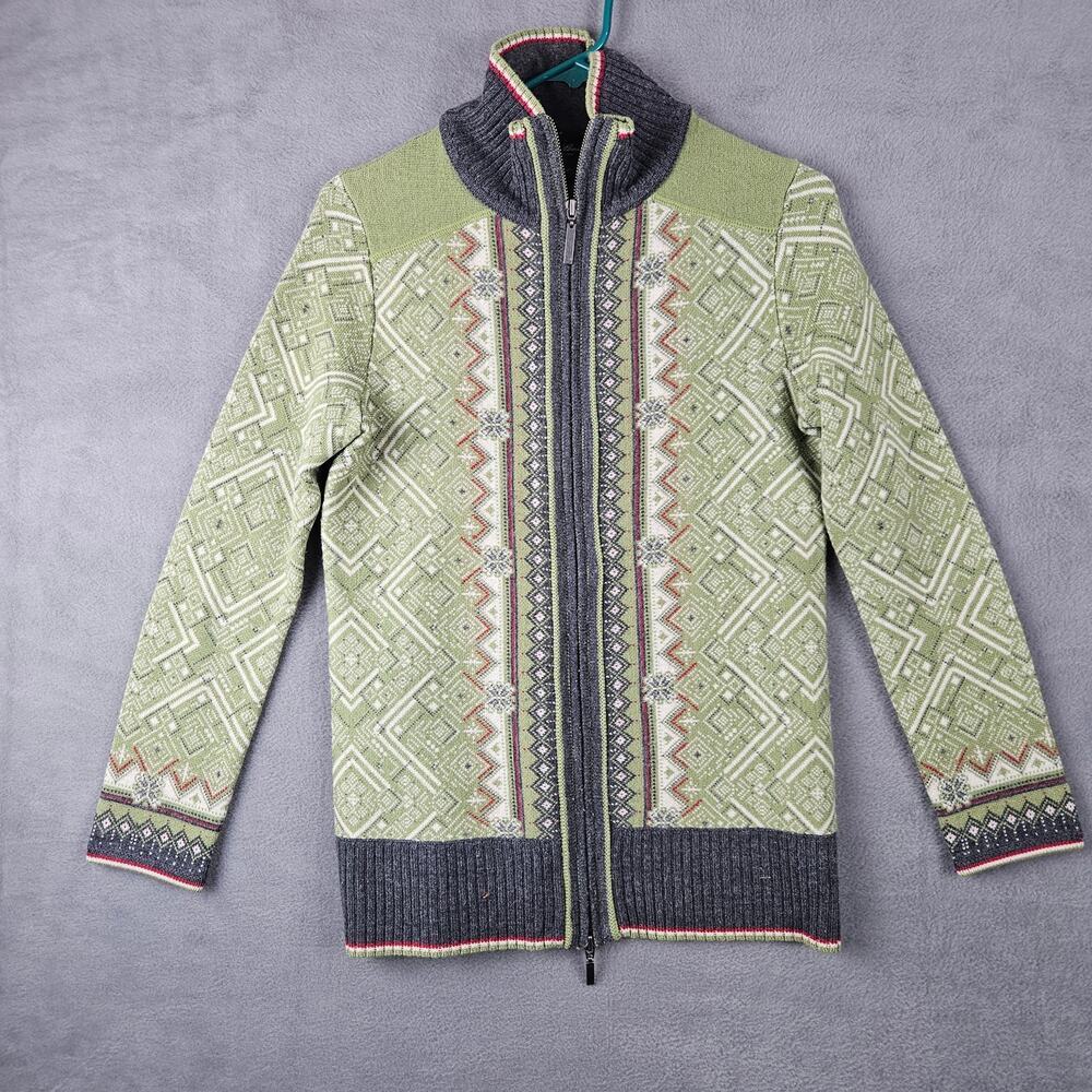 Eddie Bauer Nordic Sweater Green Fair Isle Long Sleeve Full Zip 100% Merino Sz M